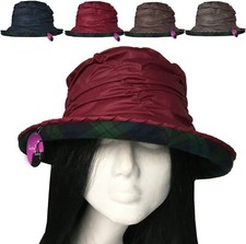  Wax Rain Hat Waxed Cotton Cloche Brim Tartan Lining Waterproof Ladies Country 