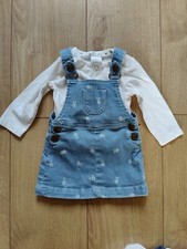 New debenhams baby girls dungaree denim pinafore dress & top set 3-6 months