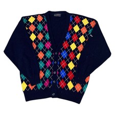 The Sweater Shop Wool Knit Cardigan Golf Diamond Argyle Wool Sweater Mens 2XL