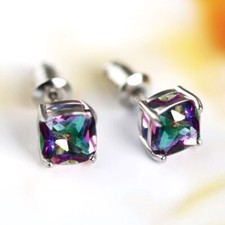 925 Sterling Silver 7MM Rainbow Mystic Square Topaz Stud Earrings UK Seller