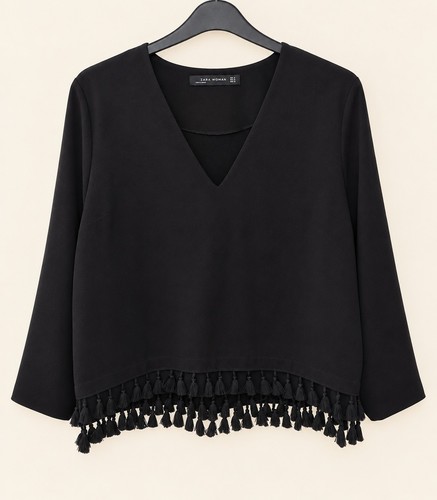 Zara black tassel hem blouse - black,