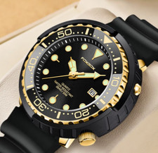TUNA HOMAGE QUARTZ DIVERS STYLE WATCH, Black/ gold + black strap dive. Foxbox