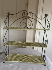 Vintage French 1950’s Metal & Wicker Shelving Storage Unit. Pale Green & Black.
