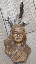 Hand Carved Wood Native American Indian Head Sculpture Dated 1990, Artist Signed