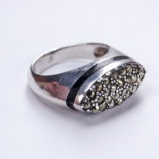 Chunky Sterling Silver Iron Pyrite Black Band Ring Unisex Biker Gothic UK Q/US 8