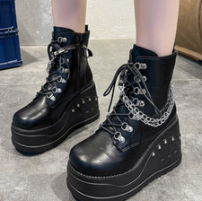 Ladies Platform Boots Lace Up Booties Women Chain Decor Side Zip Punk Goth Shoes