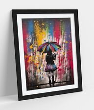 BANKSY STYLE UMBRELLA GIRL MULTICOLOUR RAIN -FRAMED WALL ART POSTER PAPER PRINT