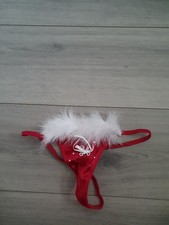 BNWOT Vintage Ann Summers Red Satin Crotchless Marabou Christmas Thong Siz Small