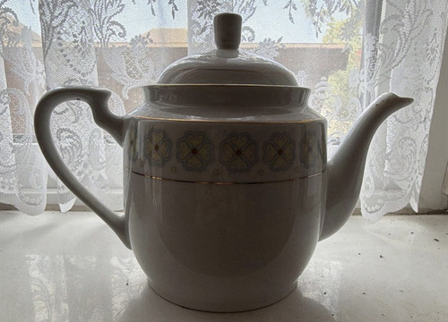Ceramic teapot white - white, geometric