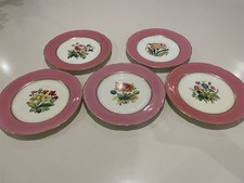 Five Pretty Antique French  Hand Painted Floral Plates , 9inch, 23cm Diameter