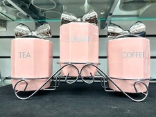 Tea Coffee Sugar Jar With Stand Pink Ceramic Storage Set Air Tight Canisters