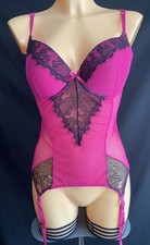 Suspender Push-up Cami, Pink Ultra Sheer Spotted Mesh & Black Lace, UK 12-14