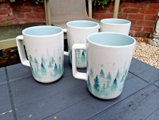SET OF 4 LARGE COFFEE MUGS ALPINE CONIFER PINE MOUNTAIN TREES BLUE HOLLY & JOY