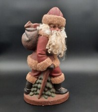 Vintage Hand Painted Paper Mache Santa Claus w/ Bag Figurine With Real Hair