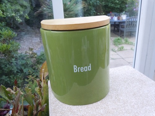 Green ceramic bread bin - ceramic, wooden