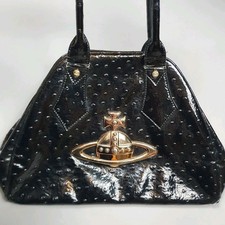 Vivienne Westwood Patent Hand Bag Small Mini Tote PVC Black Gold Orb
