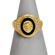 Pre-Owned 14ct Gold Oval Onyx & CZ Lion Head Ring Size L