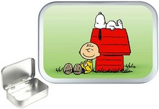 Snoopy .Silver Hinged Tobacco Tin, Sewing Box. Storage , Pocket Tin 1oz & 2oz