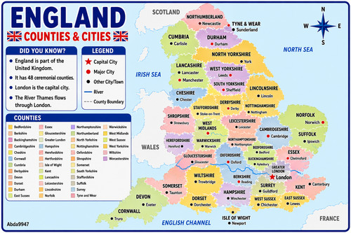 England counties cities map - &,
