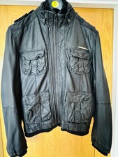 Superdry New Brad Hero Leather Jacket Men's Size S Black Biker Style Zip Up VGC