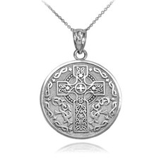 Silver Celtic Cross Irish Blessing Textured Coin Medallion Pendant Necklace