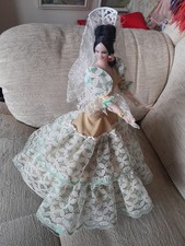 Vintage Spanish Doll Flamenco Green White Dress Lace  Shawl 13.5" Tall 