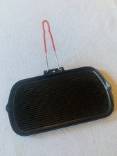 FRENCH, VTG Large Cast Iron Rectangular Grill Skillet- Folding Removable Handle.