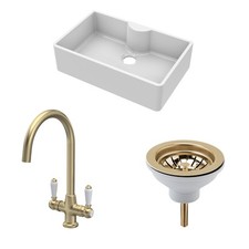 Fireclay 1 Bowl Butler Sink Tap Ledge Waste Tap Brushed Brass 795mm