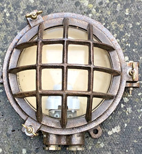 Large Vintage Cast Iron Bulkhead Light Heavy Caged Metal Lamp Industrial Salvage