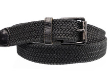 Retro Braided Woven Stretch Fabric belt With Leather End Trims size L 34"-38"