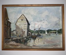 Original Oil On Board Harbour Boats Riverside Scenery Signed C W D W Framed Art