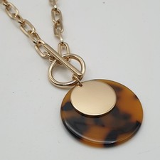 M&S Gold Oval Link Animal Print Round Pendant Necklace Front Fastening