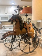 Antique French Toy Tricycle Pedal Horse Wood & Cast Iron Velocipede for Dolls