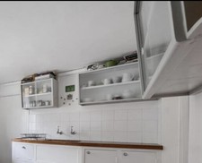 Vintage 1950s Built-In Kitchen Wall Cabinet with Frosted Sliding Glass Doors