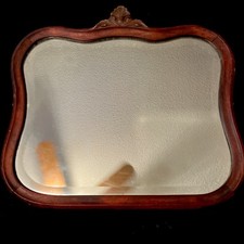 Vtg Antique Victorian 1900’s Brown Oak Wood Scalloped Wavy Mirror Beveled Glass