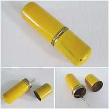 Vintage Needle Case 1920s Yellow Marble Painted Brass Sewing Needlework 20s