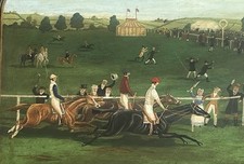 Antique Old Toleware tray Painted Equestrian scene Horse racing 19th Century