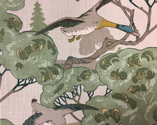 Mulberry Fabric ‘Flying Ducks’ Green Emerald 100% Linen 1m