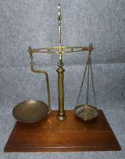 Large Vintage Ornate Librasco 1Lb Beam Balance Scales  - Brass On Hardwood Base.