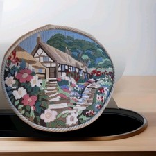 Vintage Completed Crewel Work In Embroidery,Country Cottage Pastels Cottage-core