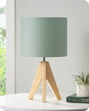 EDISHINE Wood Tripod Bedside Lamp with Bean Green Linen Shade & LED Bulb