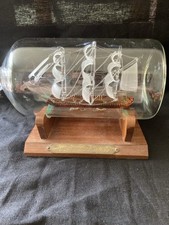 Vintage Glass Ship, HMS Victory, In Glass Bottle With Wooden Stand