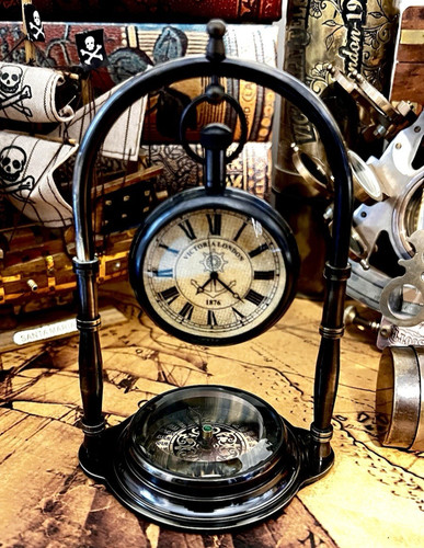Antique clock with compass - clock,