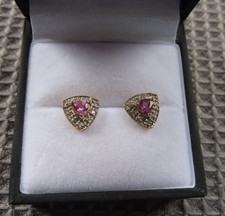 Rocks & Co 9ct yellow gold earrings. Pink cuprian tourmaline and diamonds.
