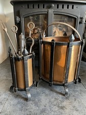 Vintage Copper Coal Log Bucket Wrought Iron Stand & Fireside Companion Tools