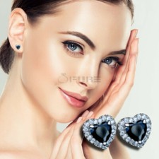 Elegant Black Love Heart Birthstone Crystal Stud Earrings 925 Sterling Silver