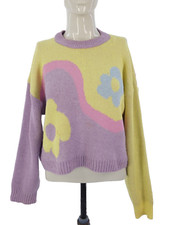 Zara Jumper Floral Jacquard Sweater Pastel Yellow Purple Cotton Blend Pullover M