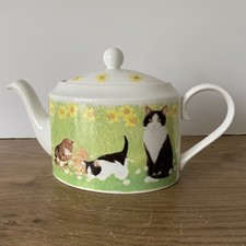 ST MICHAEL Vintage Teapot Cats Flowers Fine Bone China Marks & Spencer 6” VGC
