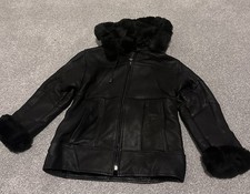 Black Shearling Leather Kids Jacket With Detachable Hood