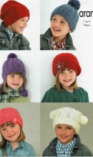 1091 Girls & Boys Hats x 3 each Aran 1- 9yrs Vintage Knitting Pattern COPY